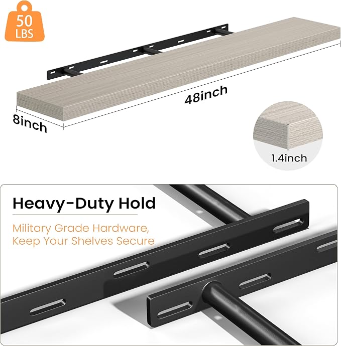 Fun Memories 48 Inch Floating Shelves - Fireplace Mantel Shelf - Deep Wall Mounted Wood Storage Shelf for Bedroom, Kitchen, Farmhouse - 1 Pack, Grey