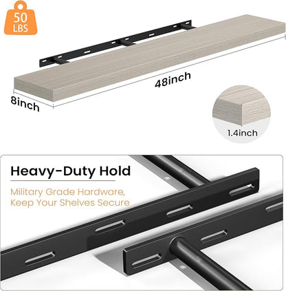 Fun Memories 48 Inch Floating Shelves - Fireplace Mantel Shelf - Deep Wall Mounted Wood Storage Shelf for Bedroom, Kitchen, Farmhouse - 1 Pack, Grey