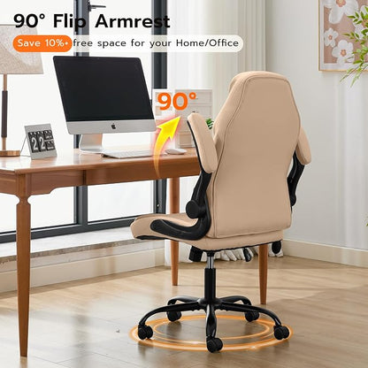 Ylzyxal Office Desk Chair, Ergonomic Computer Chair with Padded Flip-Up Arms and Adjustable Lumbar Support, PU Leather Executive Chair with Tilt Lock and 360° Swivel Rolling Wheels for Work, Study