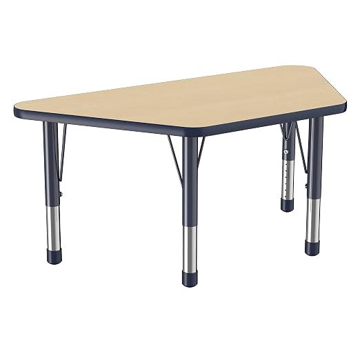 FDP Trapezoid Activity School and Classroom Kids Table (24 x 48 inch), Chunky Toddler Legs for Collaborative Seating Environments, Adjustable Height 15-24 inches - Maple Top and Navy Edge