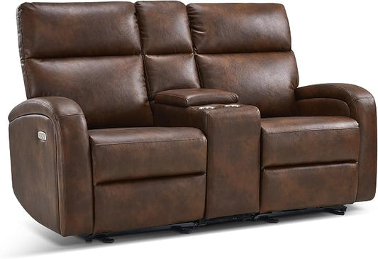 MCombo Zero Wall Recliner Loveseat, 2-Seat Power Wall Hugger Sofa with USB & Type-C Dual Ports, for Small Space Living Room RV, Faux Leather PR646 (Dark Brown, Loveseat with Console)