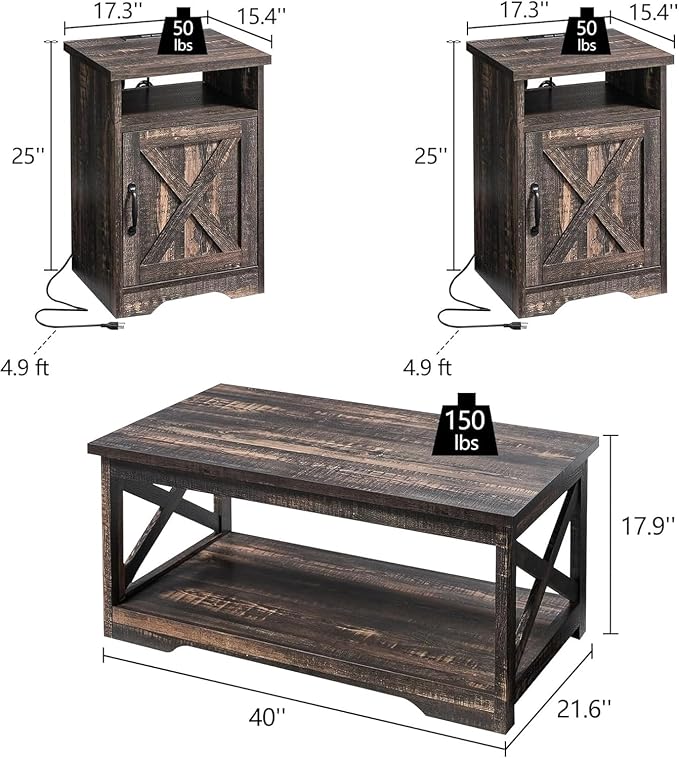 LUXOAK 3-Piece Farmhouse Living Room Table Sets, Includes 1 x Coffee Table, 2 x End Tables with Charging Station & USB Ports, Rustic Coffee Table Set of 3, Black Oak