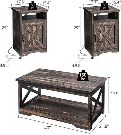 LUXOAK 3-Piece Farmhouse Living Room Table Sets, Includes 1 x Coffee Table, 2 x End Tables with Charging Station & USB Ports, Rustic Coffee Table Set of 3, Black Oak