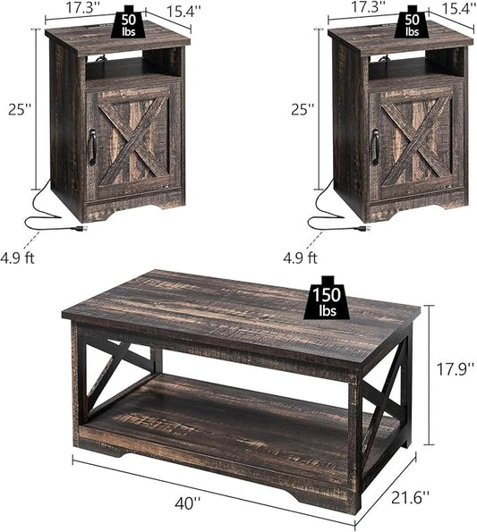 LUXOAK 3-Piece Farmhouse Living Room Table Sets, Includes 1 x Coffee Table, 2 x End Tables with Charging Station & USB Ports, Rustic Coffee Table Set of 3, Black Oak
