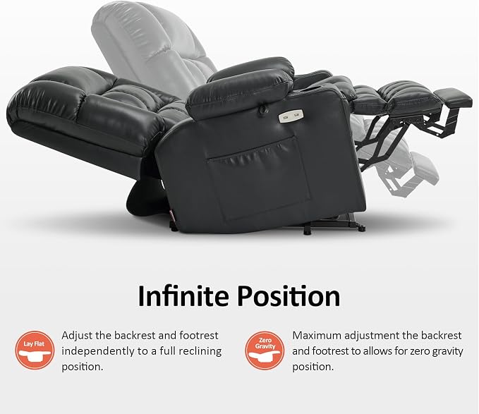 MCombo Extra Wide Dual Motor Power Lift Recliner Chair for Elderly, Zero Gravity Lift Chair with Heat and Massage, Infinite Position Recliners, USB Ports, Faux Leather R7897 (Black, Medium-Wide)