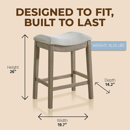 ROME + OAK Set of 4 Parker 26 Inch Counter Stool, Backless Saddle Kitchen Barstool in Reclaimed Oak Finish with Grey Fabric Upholstery Cushion Seat