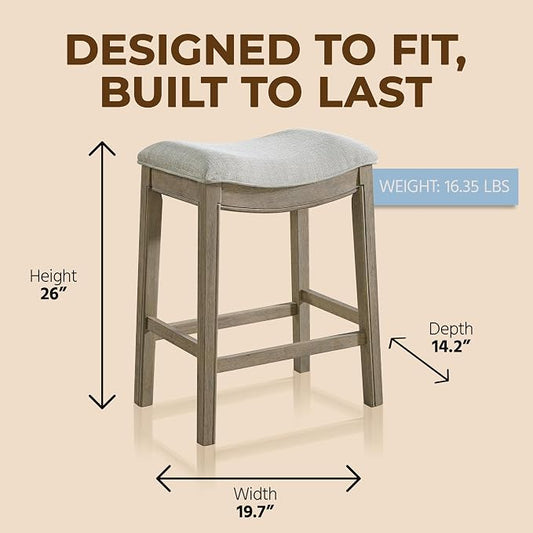 ROME + OAK Set of 4 Parker 26 Inch Counter Stool, Backless Saddle Kitchen Barstool in Reclaimed Oak Finish with Grey Fabric Upholstery Cushion Seat