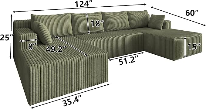 124 Inch Oversized Boneless Sectional Sofa Cloud Couch for Living Room - Symmetrical U Shaped Modular Couches Set with Double Chaise, No Assembly Floor Compression Sofa & Couch