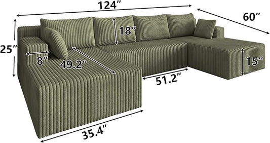 124 Inch Oversized Boneless Sectional Sofa Cloud Couch for Living Room - Symmetrical U Shaped Modular Couches Set with Double Chaise, No Assembly Floor Compression Sofa & Couch