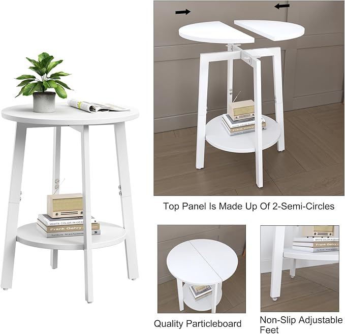 sthmec Side Table, Small Round End Table with Storage Shelf for Small Space, 2-Tier Bedside Table Sofa Couch Table, Round Accent Table Nighstands for Living Room, Bedroom,White