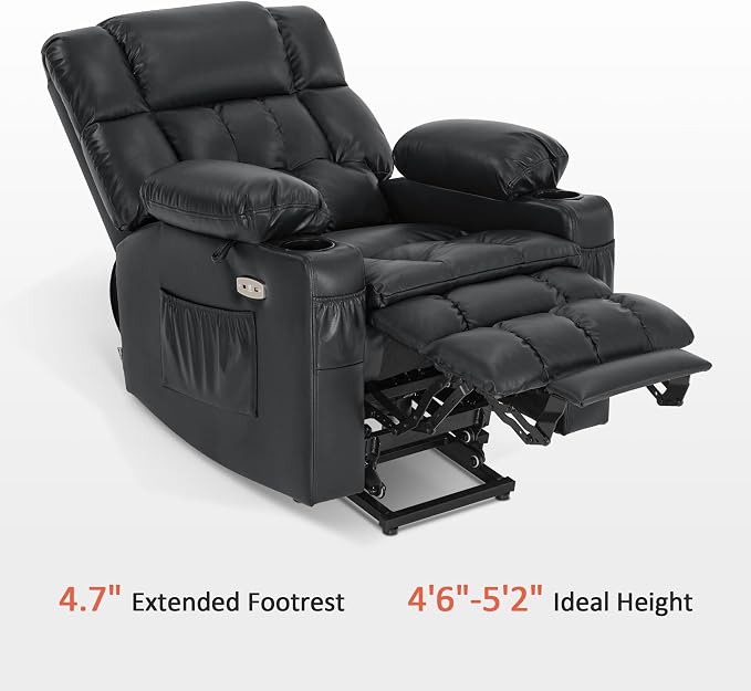 MCombo Small Dual Motor Power Lift Recliner Chair for Petite Elderly, Zero Gravity Lift Chair with Heat and Massage, Infinite Position Lay Flat Recliner, USB Ports, Faux Leather 7893 (Black, Small)
