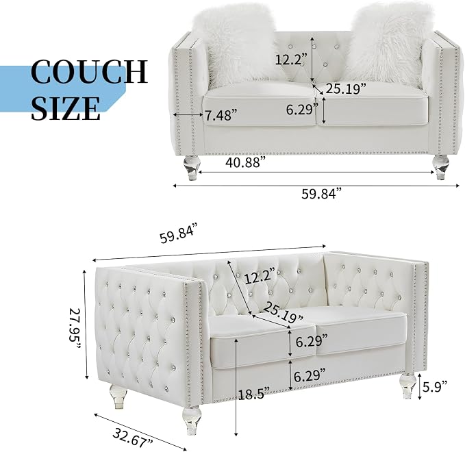 60" Chesterfield Sofa, Velvet Mid-Century Modern Upholstered Loveseat Sofa with 2 Throw Pillows and Acrylic Legs, Nailhead Button Tufted Vintage Couch for Living Room, Apartment, Beige