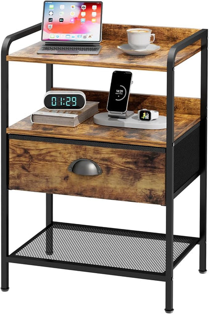 Nightstand with 1 Fabric Drawer, Side Table with Open Mesh Shelf, Bedroom Bedside Table with Storage, Fabric Drawer Dresser, Wood Top, Couch Side, Rustic Brown