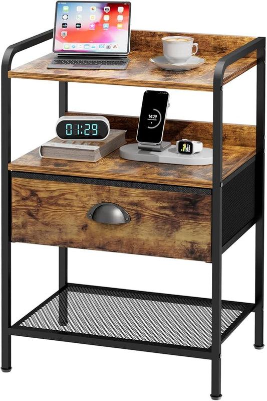 Nightstand with 1 Fabric Drawer, Side Table with Open Mesh Shelf, Bedroom Bedside Table with Storage, Fabric Drawer Dresser, Wood Top, Couch Side, Rustic Brown