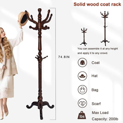 Coat Racks Freestanding, Natural Wood Coat Stands with 14 Hooks, 75" Heavy Duty Adjustable Height Vintage Hall Tree for Entryway, Bedroom, Office, Easy Assembly (Triangular Dark Brown)