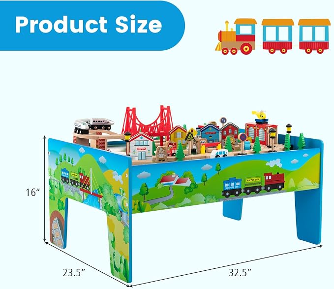 Costzon Train Table, 80 Pcs, Wooden Kids Activity Table Playset with Reversible & Detachable Tabletop, Solid Wood Tracks, Train, Railway, City, DIY Design, Gift for Boys & Girls, Multi-Color
