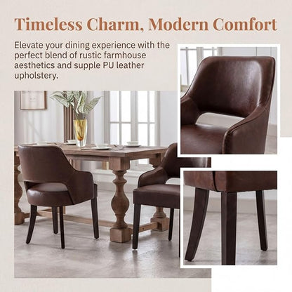 Faux Leather Upholstered Dining Chairs Set of 4 with Arms | Brown faux leather upholstery, solid wood legs, curved open back, padded seat, easy-care surface, dining room, kitchen