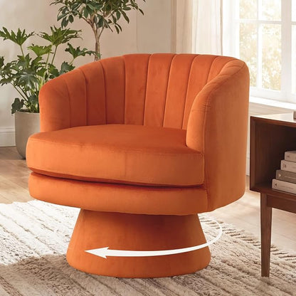 CANMOV Swivel Accent Chair with Armrest, Modern 360 Degree Swivel Barrel Chair with Curve Back and Soft Cushion, Comfy Velvet Round Armchair Single Sofa for Living Room, Bedroom, Orange