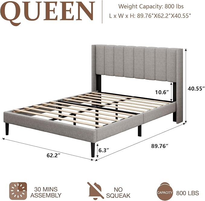 Sismplly Queen Size Bed Frame and Headboard,Vertical Channel Tufted Wingback No Box Spring Needed, Mattress Foundation, Easy Assembly Light Grey, Linen