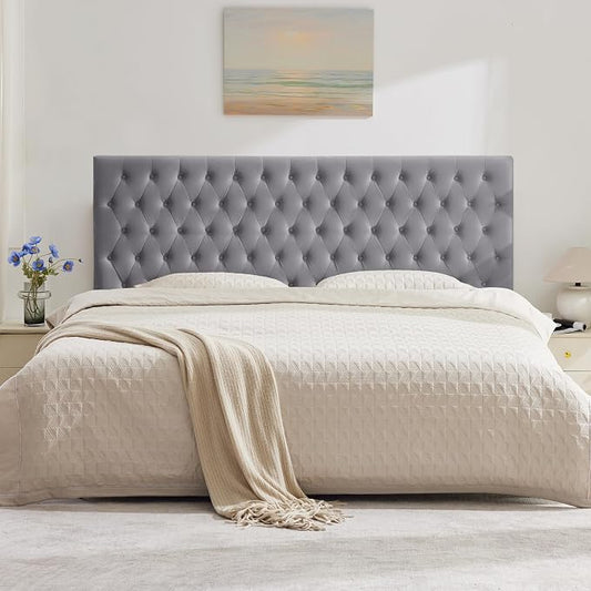 Upholstered Queen Headboard Only, Premium Velvet Button Tufted Headboards, Adjustable Solid Wood Head Board, Padded Headboard with Solid Wood Legs in Bedroom (Gray)
