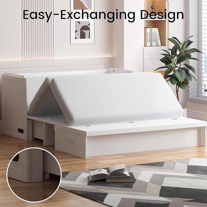 PUREMIND Murphy Bed Queen, X-Farmhouse Frames Cabinet Beds Chest with Charging Station & Storage Drawers, Convertible Hideaway Cabinet Bed for Guest Room, White, Without Mattress