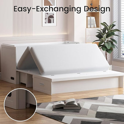 PUREMIND Murphy Bed Queen, X-Farmhouse Frames Cabinet Beds Chest with Charging Station & Storage Drawers, Convertible Hideaway Cabinet Bed for Guest Room, White, Without Mattress