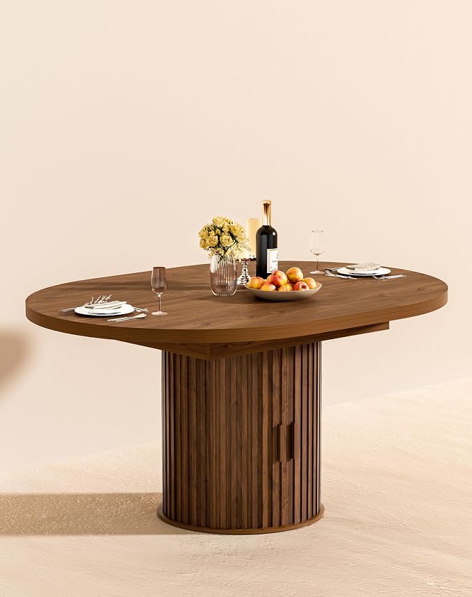 43"-59" Extendable Round Dining Table with Hidden Storage, Modern Wooden Kitchen Table with Fluted Sliding Door Cabinet, Oval Dining Table for Dining Room Living Room, Walnut