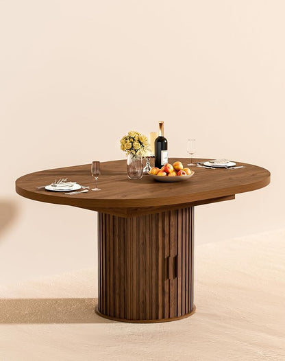 43"-59" Extendable Round Dining Table with Hidden Storage, Modern Wooden Kitchen Table with Fluted Sliding Door Cabinet, Oval Dining Table for Dining Room Living Room, Walnut