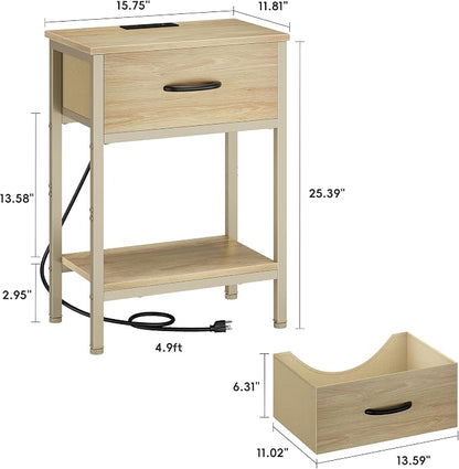 Vagusicc Nightstand Set of 2 with Charging Station, Bed Side Table with Fabric Drawer, Small End Table with 2-Tier Storage Shelves, 25.4" Tall Bedside Table, Night Stand for Bedroom Dorm, Natural