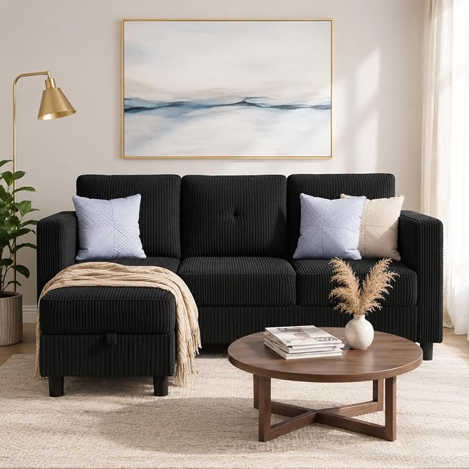 L Shaped Sectional Sofa with Reversible Storage Ottoman, Corduroy 3-Seat Convertible Couch for Small Apartment, Living Room & Studio Loft, Compact Modern Sofa with Side Pockets & Easy Assembly, Black
