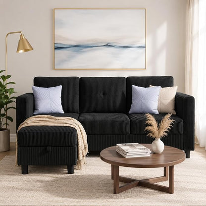 L Shaped Sectional Sofa with Reversible Storage Ottoman, Corduroy 3-Seat Convertible Couch for Small Apartment, Living Room & Studio Loft, Compact Modern Sofa with Side Pockets & Easy Assembly, Black