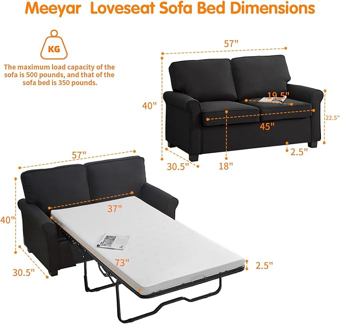 Pull Out Sofa Bed with Mattress, 57" Convertible Sofa Bed Loveseat, Twin Sleeper Sofa Couch with Pocketed Coil Seating, Upholstered Fabric Sofa Bed for Small Spaces,Black