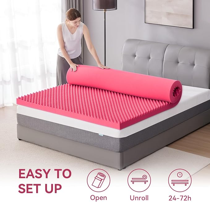 SINWEEK 3 Inch Egg Crate Memory Foam Mattress Topper Twin XL, Twin Extra Long Mattress Pads for College Dorm Room, Pressure Relieve CertiPUR-US Certified, 39x80 Inches, Pink