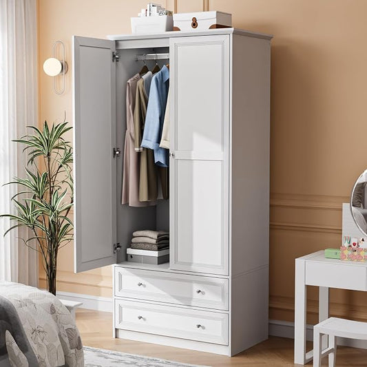 VINGLI Wooden Armoire Wardrobe Closet, 72" H Wardrobe Cabinet Closet, Freestanding Clothing Storage Cabinet, Wooden White Bedroom Armoire, Combination for Hanging Clothes