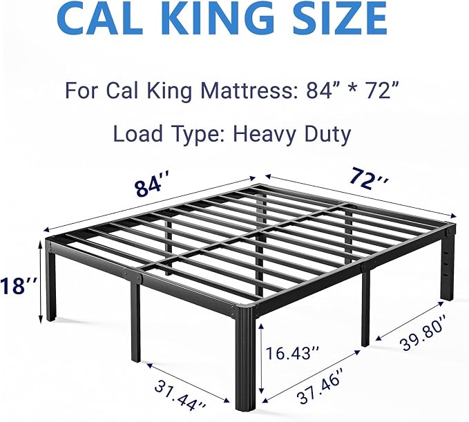 18 Inch High Platform California King Bed Frames No Box Spring Needed, Metal Cal King Bed Frame, Noise Free, Easy Assembly, Heavy Duty, Black