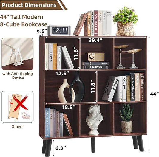 LEYAOYAO 8 Cube Bookshelf 3-Tier Bookcase with Legs, Mint-Walnut Kids Book Shelf Cute Storage Organizer, Large Open Toy Shelves Modern Bookshelves,Display Bookcases for Bedroom,Living Room,Nursery