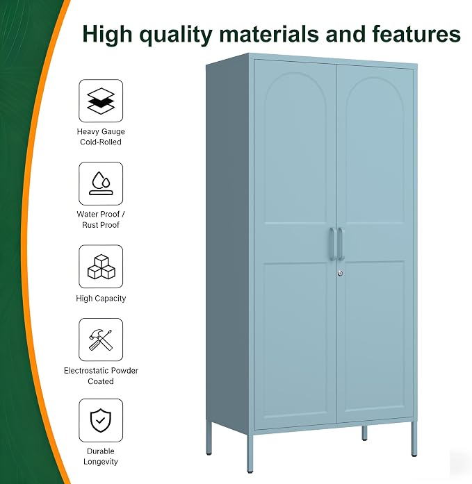 Lockable Metal Wardrobe Closet with Hanging Rod and 3 Adjustable Shelves,67" Metal Storage Cabinet with 2 Doors,Steel Armoire Wardrobe Closet for Bedroom Living Room Cloak Room (Blue)