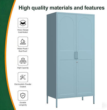 Lockable Metal Wardrobe Closet with Hanging Rod and 3 Adjustable Shelves,67" Metal Storage Cabinet with 2 Doors,Steel Armoire Wardrobe Closet for Bedroom Living Room Cloak Room (Blue)
