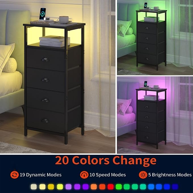 sthmec Nightstand with Charging Station,LED Black Nightstand with 4 Fabric Drawers PU Finish, Bedside End Tables, 2-Tier Open Storage Shelf Side Table Nightstand with Drawers for Bedroom,Black