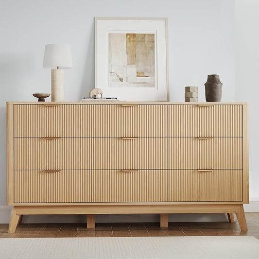 SUNWAVE 9 Drawer Dresser for Bedroom, 59.1" Large Fluted Dresser with Round Corner, Modern Dressers Wood Chest of Drawer for Living Room (Oak)