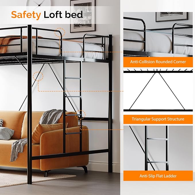 VINGLI Queen Loft Bed with Flat Rungs for Adults, Kids and Young Teens, No Box Spring Required,Heavy Duty Metal Slat Support, Orange