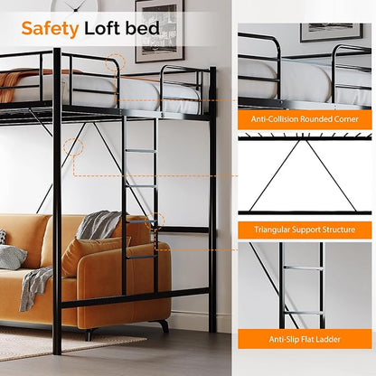 VINGLI Queen Loft Bed with Flat Rungs for Adults, Kids and Young Teens, No Box Spring Required,Heavy Duty Metal Slat Support, Orange