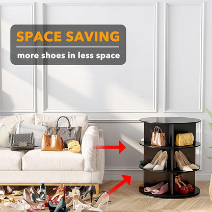 SpaceAid 3 Tier Rotating Shoe Rack Tower, Spinning Shoe Display Lazy Susan, Revolving 360 Shoe Rack Storage Round Carousel, Vertical Handbag Rotate Shoes Closet Organization (3-Tier Black)