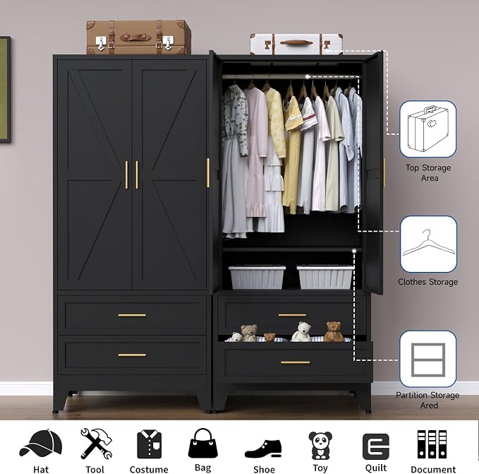 Steel Armoire Wardrobe Closet, 71" Metal Clothing Storage Cabinets with 2 Doors, 2 Drawers and 1 Adjustable Shelf, Black Wardrobe Cabinet with Hanging Rod for Bedroom, Gym