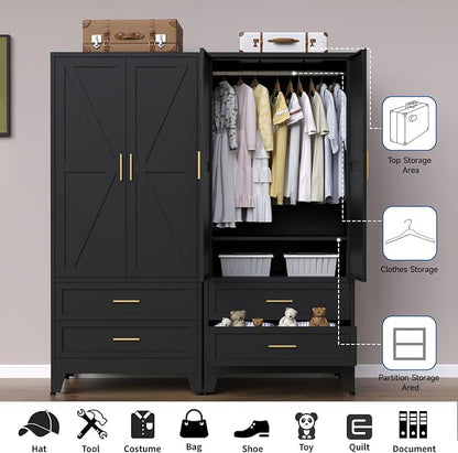 Steel Armoire Wardrobe Closet, 71" Metal Clothing Storage Cabinets with 2 Doors, 2 Drawers and 1 Adjustable Shelf, Black Wardrobe Cabinet with Hanging Rod for Bedroom, Gym