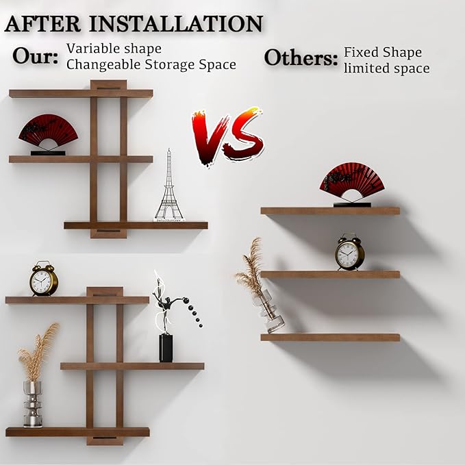 yaqew Variable Floating Shelves Wood Set of 3, Cube Wall Mounted Shelves 28.35" Max, Wall Shelves for Living Room Bathroom Bedroom Farmhouse - Light Walnut Color - 28.35" x 23" x 4.3" Max