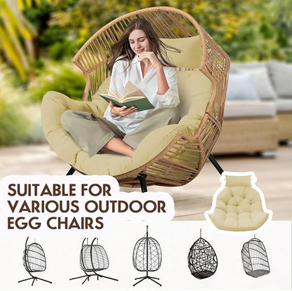 Outdoor Hanging Egg Chair Cushion Replacement, Thicken Egg Chair Cushion Waterproof Basket Eggs Chairs Cushion with Headrest Pillow, U-Shaped Cushions for Hanging Eggs Chairs Swing (Khaki)