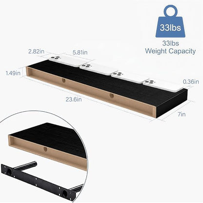 24 Inch Black Floating Shelves for Bathroom Storage, Wall Mounted Wood Shelves for Bedroom, Living Room & Kitchen, Modern Display Shelves Set of 2