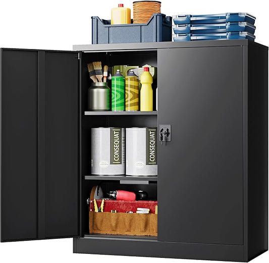 Metal Storage Cabinet, Wide & Deep Storage Cabinet with 2 Doors and Adjustable Shelves, Lockable Tool Cabinet for Garage,Home Office and School (Black)