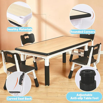FUNLIO Kids Table and 4 Chairs Set for Ages 3-8, Height Adjustable Toddler Table and Chair Set, Easy to Wipe Arts & Crafts Table, for Classrooms/Daycares/Homes, CPC & CE Approved (5-Piece Set) - Black